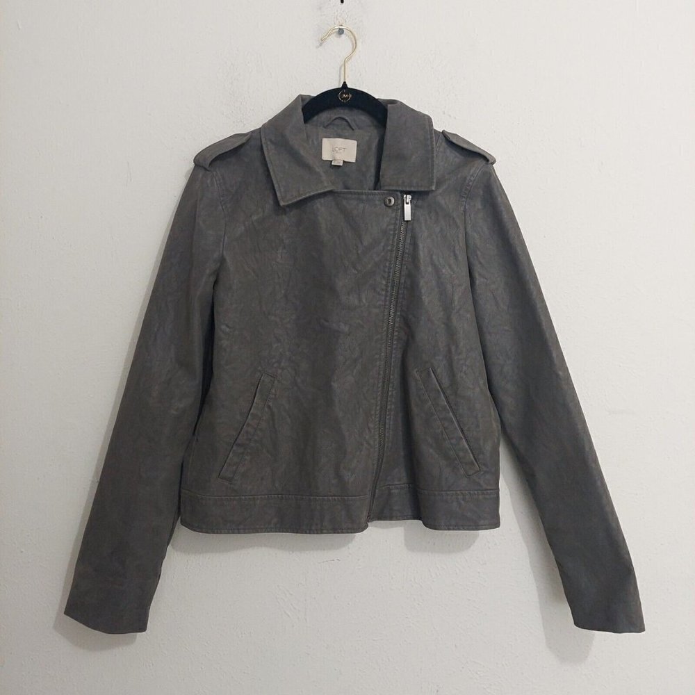 Ann Taylor LOFT Vegan Leather Moto Jacket Sz 4 Gray Asymmetrical Zipper Pockets‎